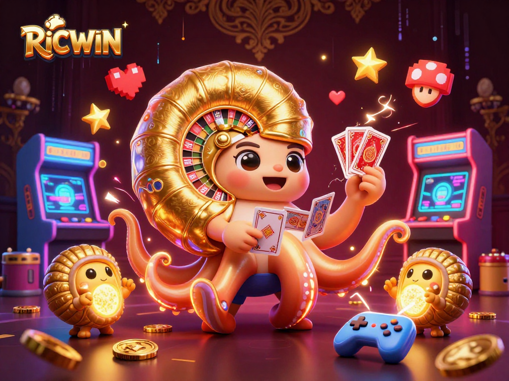 Experience RICWIN's vibrant 3D casino action with a giant nautilus as the centerpiece amidst colorful gaming elements.