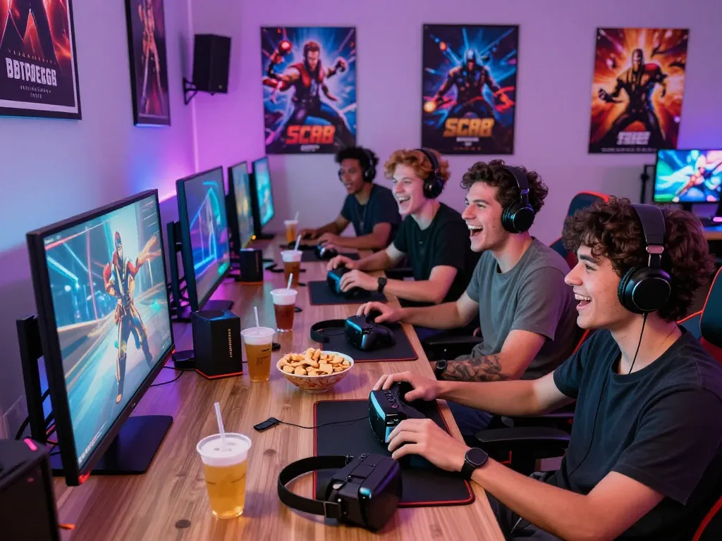 Friends enjoying SC88 com gaming party with vibrant colors and excitement.