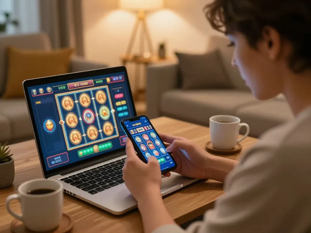 A user enjoying an engaging online gambling experience on luck8. com from a cozy living room setting.