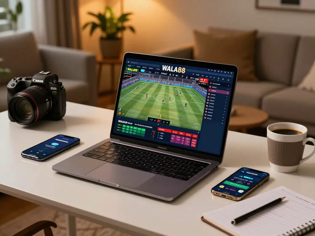 Engaging in đá ga cp5 wala88 on a stylish laptop with live betting interface.
