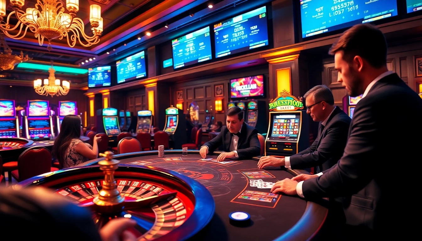A thrilling poker game scene at https://luongsontv5.com/, showcasing expert players strategizing in a vibrant casino environment.