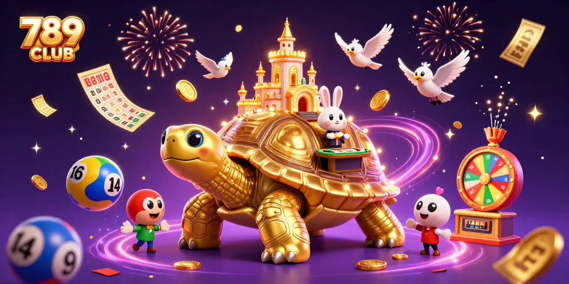 Engage with 789 CLUB through thrilling games in this vivid 3D illustration featuring a golden tortoise casino.