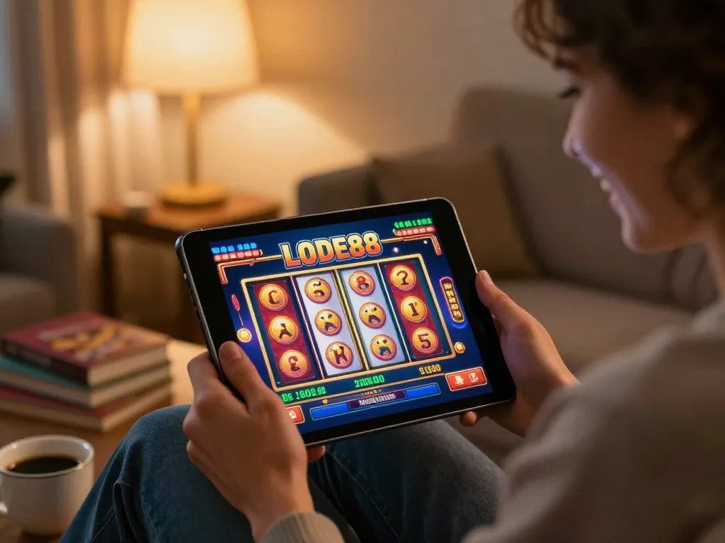 Engaged player exploring LODE88 online casino on tablet, showcasing vibrant game interface.