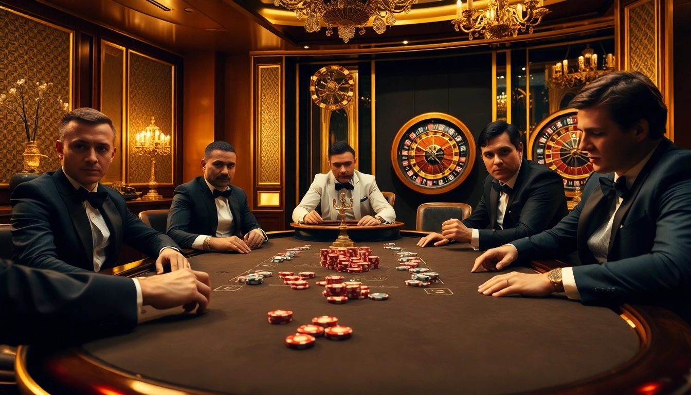 Players enjoying high-stakes poker at kuwinblog.com in a luxurious casino setting.