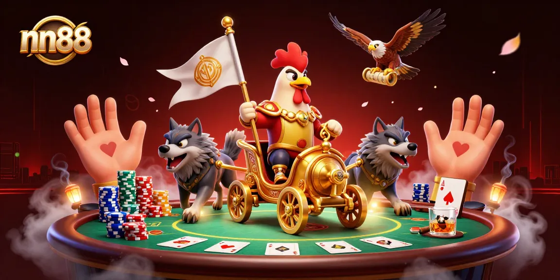 Experience thrilling gameplay at nn88, featuring a warlord with poker elements in a dramatic digital casino scene.