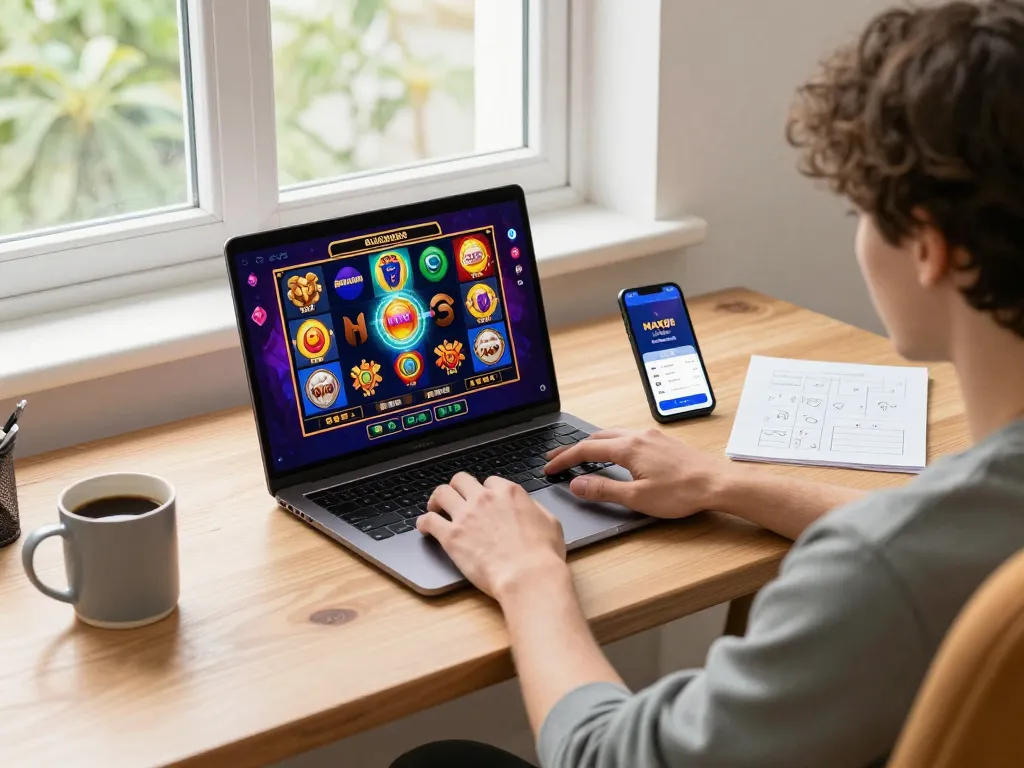 Engaging online gameplay experience focusing on max 88 slot games in a cozy home office.
