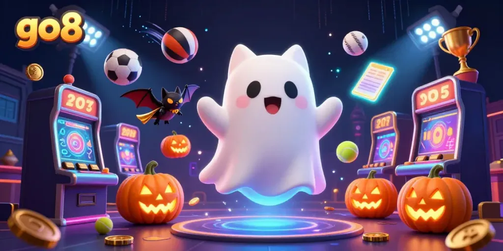 Experience excitement with go8's thrilling casino atmosphere featuring a ghost cat and bat amidst sports elements.