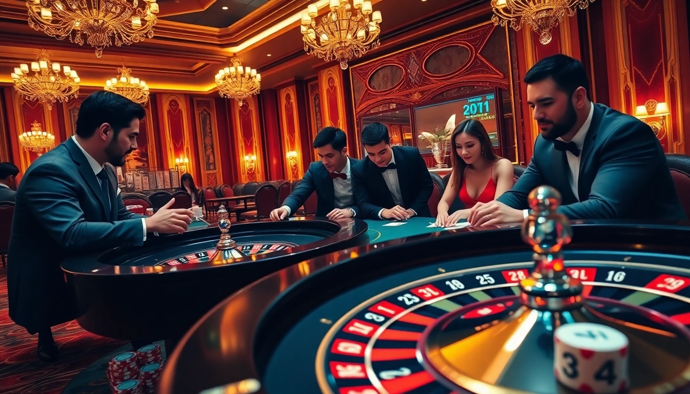 Capture the excitement of gambling at nhà cái max88, featuring players engaged at a vibrant casino table.