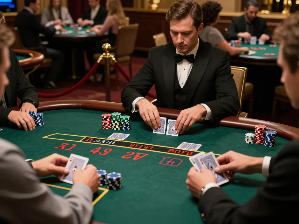 MM88 blackjack players strategizing at a luxury casino table, showcasing immersive gameplay.