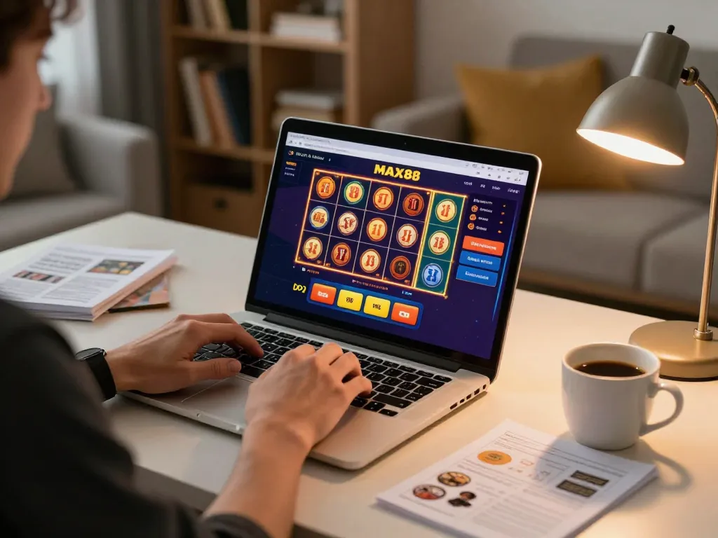 Play at MAX88 casino online with a player engaged in strategic gameplay on a laptop in a cozy home setting.