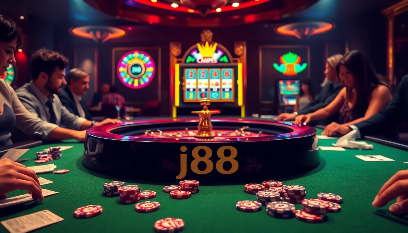 Players strategizing their bets at a luxurious casino table showcasing j88-themed poker chips.