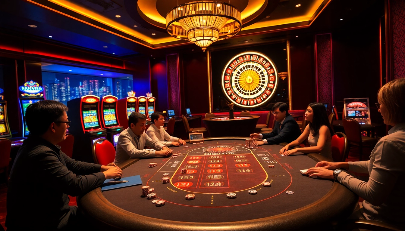 A dynamic gaming scene at nhà cái nk88 showcasing professionals at poker tables and flashing slot machines.