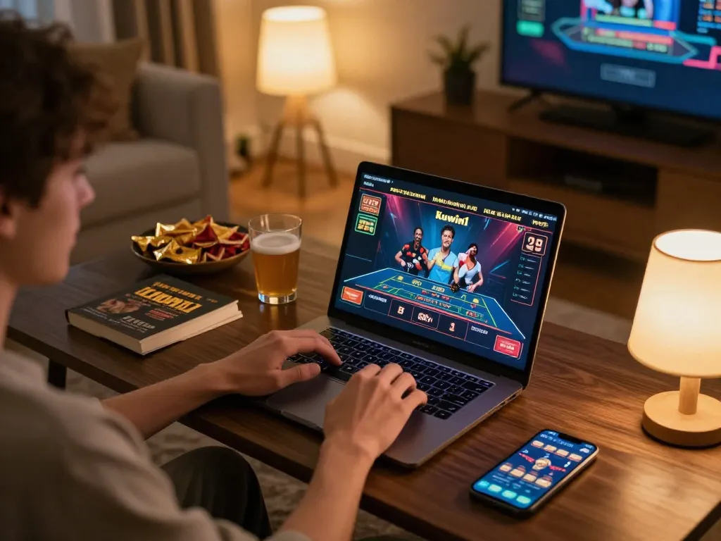 Player enjoying a kuwin1 online casino experience at home, laptop screen showing exciting games with warm lighting
