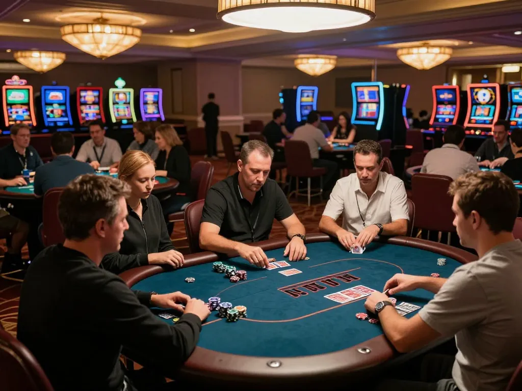 Engaged players strategizing at the poker tables while enjoying games at https://mm88.se.net/ casino floor.