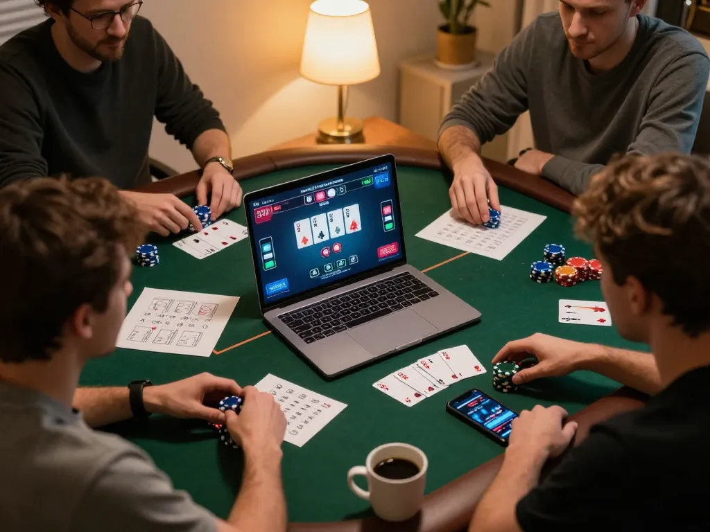 Hit club players strategizing during an online poker game with laptops and betting notes!