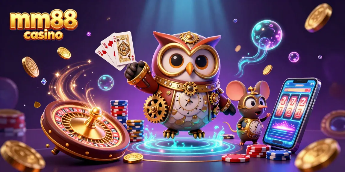 Experience the excitement of mm88 casino with vibrant characters and game elements in this rich illustration.