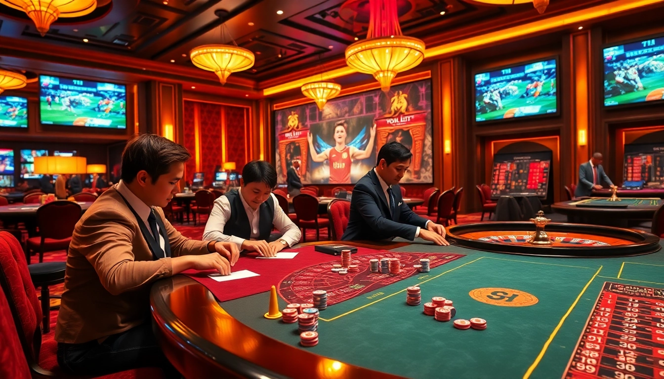 Engaging scene of bóng đá trực tuyến luongson alongside exciting casino games in a vibrant gambling atmosphere.