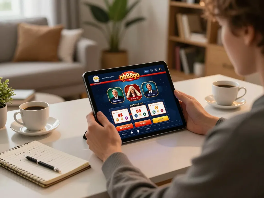 Person engaged in online gaming on qh88go app at cozy home workspace, showcasing strategic betting setup.