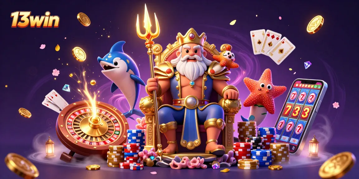 Engage with 13win's exciting casino scene illustrated with Neptune and sparkling elements.