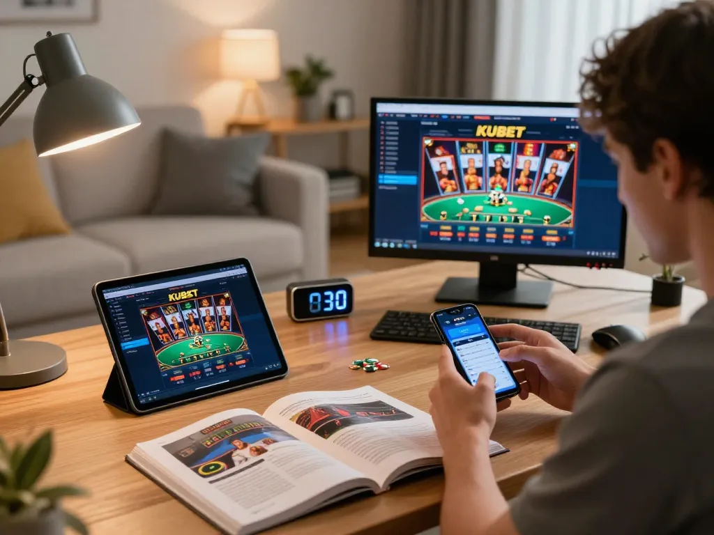KUBET online gaming focus with individual engaged in strategy at home setup.