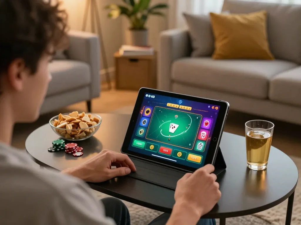 Sunwin poker session at home, showcasing vibrant tablet interface and cozy atmosphere.