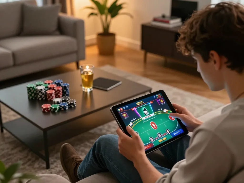 Engaging moment using K8CC app for online poker in a cozy living room.