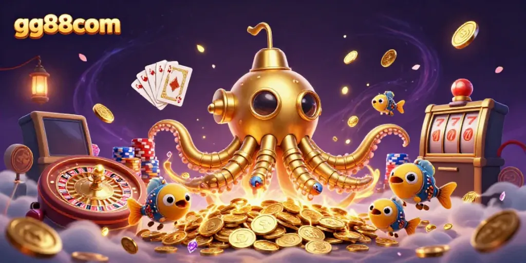 Experience the thrill of gg88com with a golden kraken submarine sinking treasures in a playful casino scene.