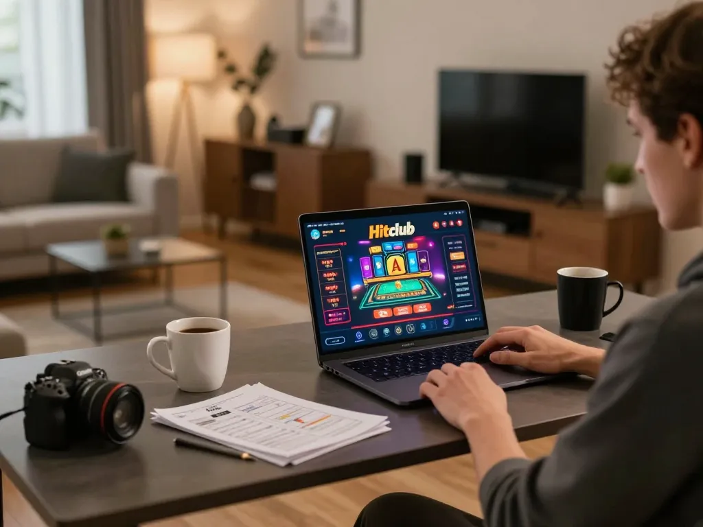 Hitclub online gaming scene with a player focused on casino gameplay at home desk