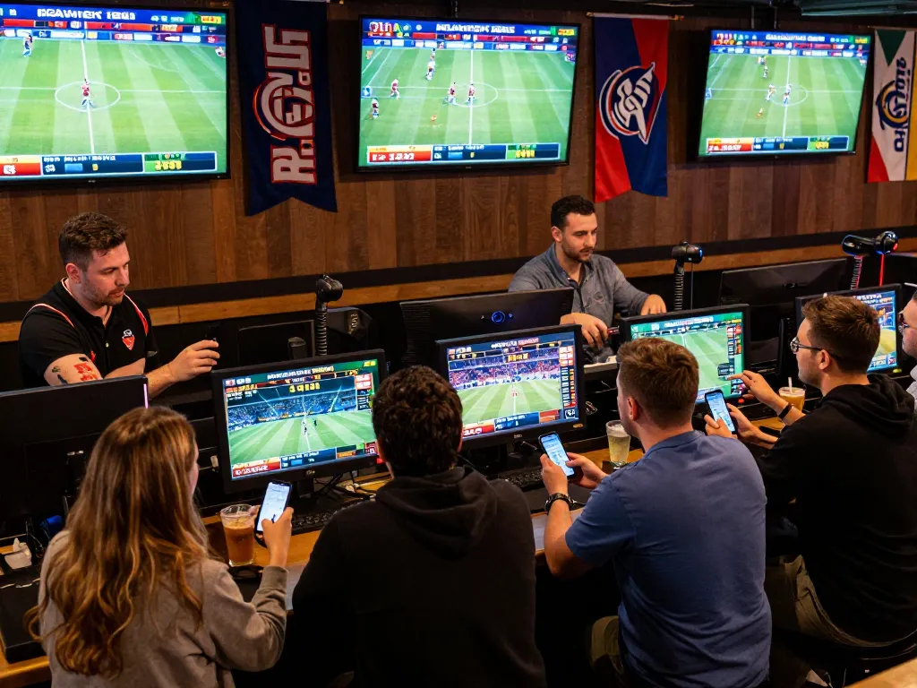 Engaged bettors analyzing odds on hz88 sports betting app in lively venue setting.
