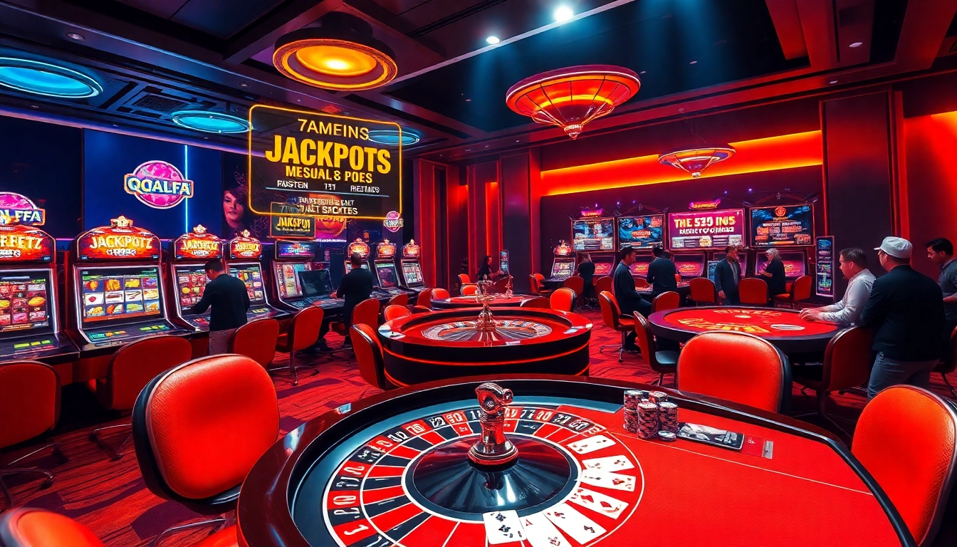 Players enjoying thrilling games at QQALFA's luxurious online casino, showcasing vibrant slot machines and poker tables.