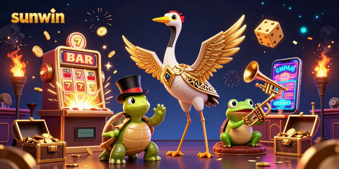 Engage with sunwin's thrilling slots experience, featuring a vibrant 3D casino scene alive with excitement.