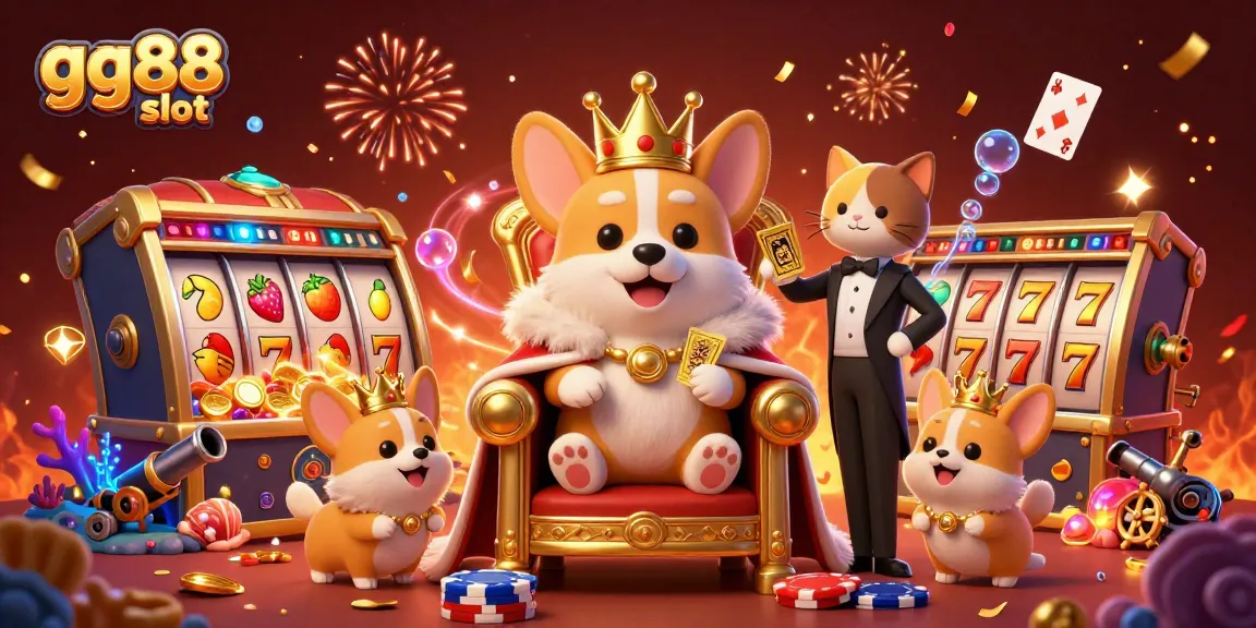 Join the fun with gg88 slot in this vibrant 3D illustration of a royal corgi and casino elements.