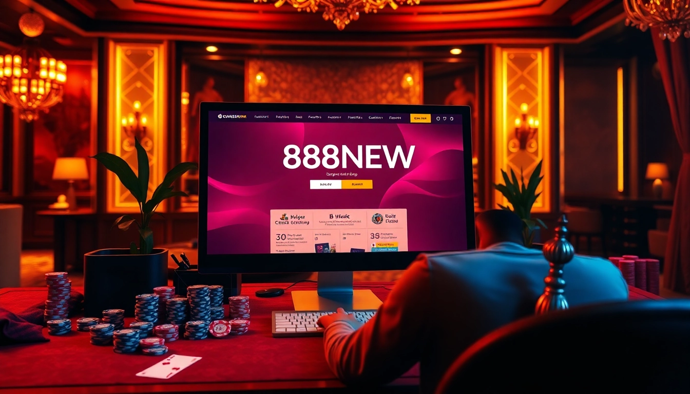 Engaging in 888NEW Đăng nhập at a luxurious casino setup with poker chips and cards.
