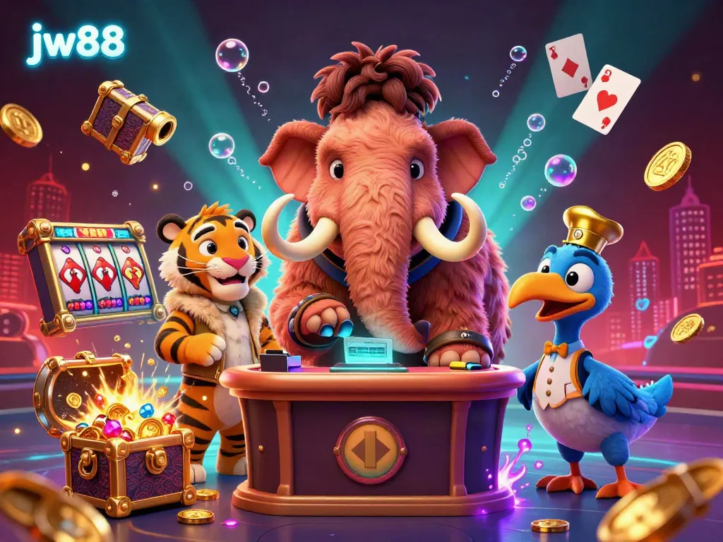 Experience the thrill of jw88 casino with a dynamic 3D scene featuring a mammoth bouncer and lavish treasures.