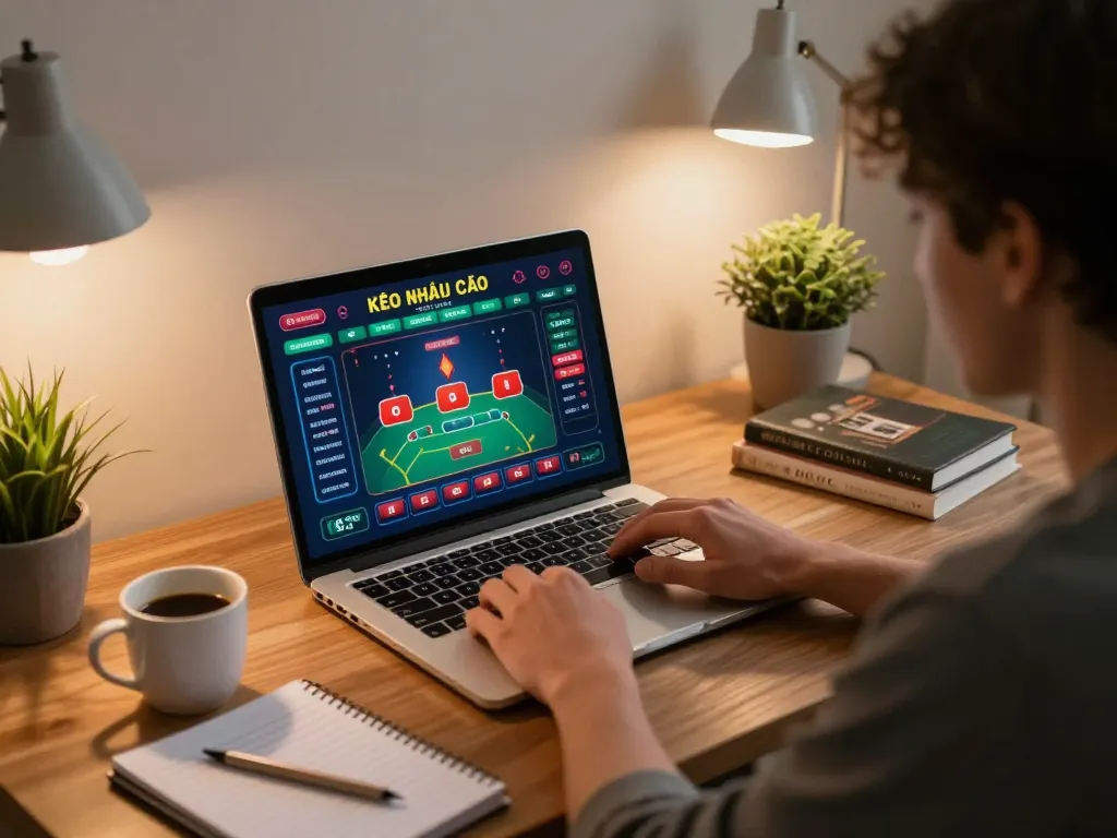 Engaging with kèo nhà cái in a stylish home setup, focusing on strategic online gambling.