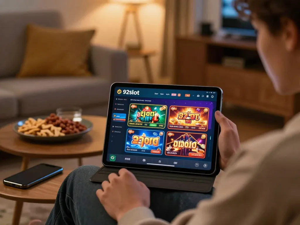 Engaging in online gaming with the 92slot app in a cozy home setting.