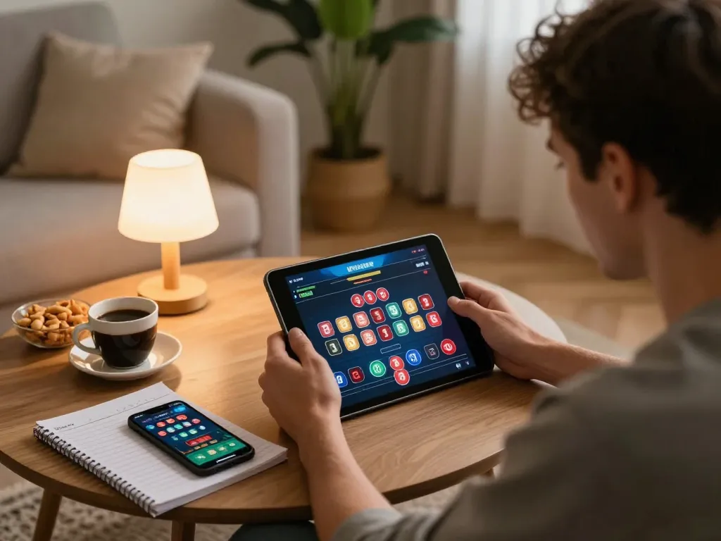 tg887 player analyzing poker odds on tablet in a cozy home gaming setup