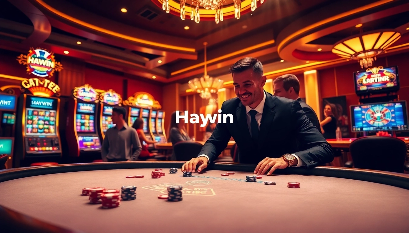Exciting poker game at Haywin casino featuring vibrant chips and professional dealer.