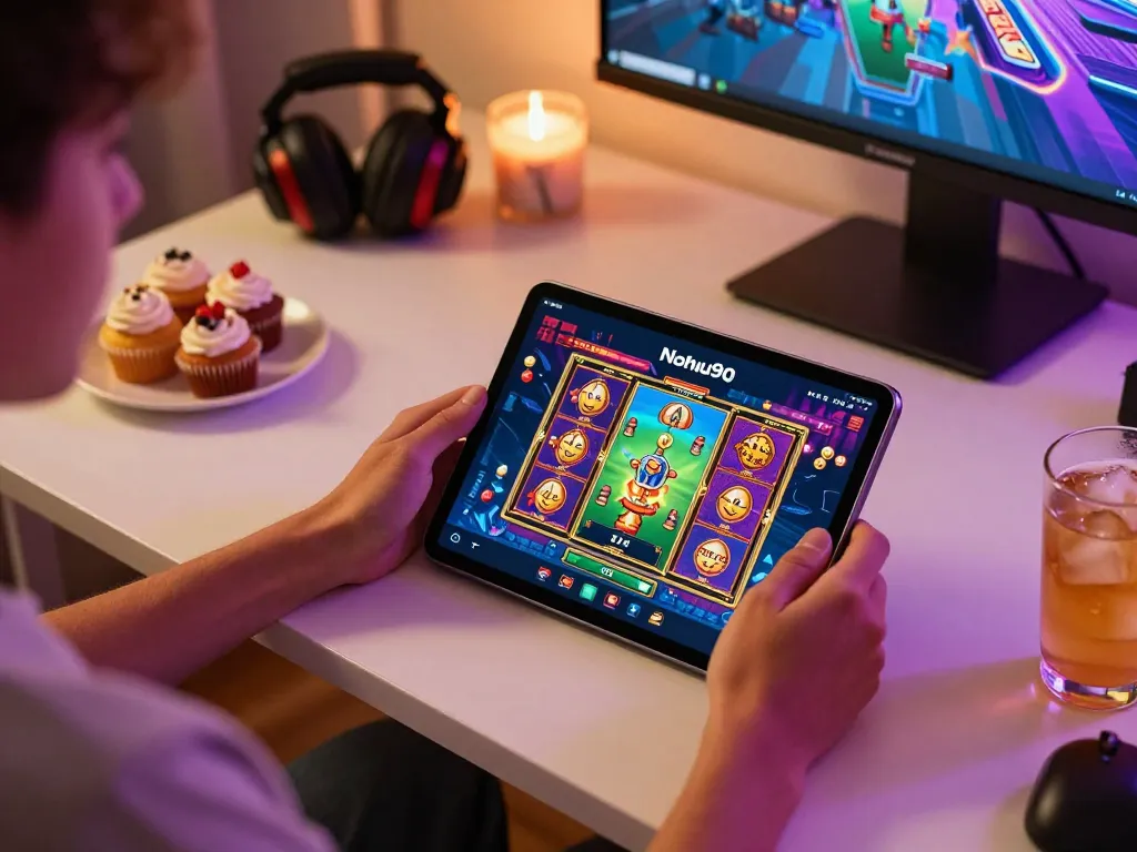 Nohu90 user enjoying exciting slot game on tablet at home gaming setup.