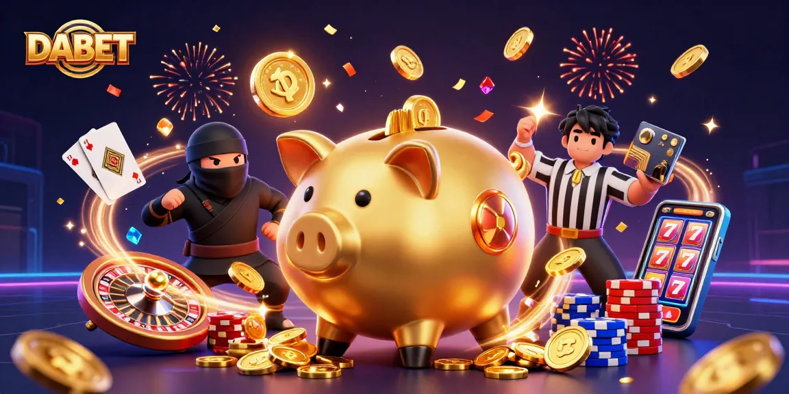 DABET captures the excitement of gambling with a golden piggy bank sumo wrestler, showcasing vibrant gaming elements.