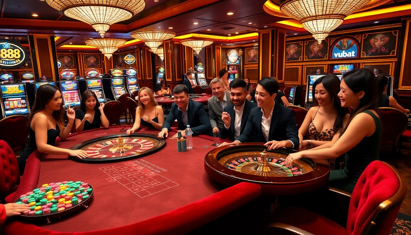 Engaged players having fun at ku88 casino tables, showcasing excitement and professional gambling atmosphere.