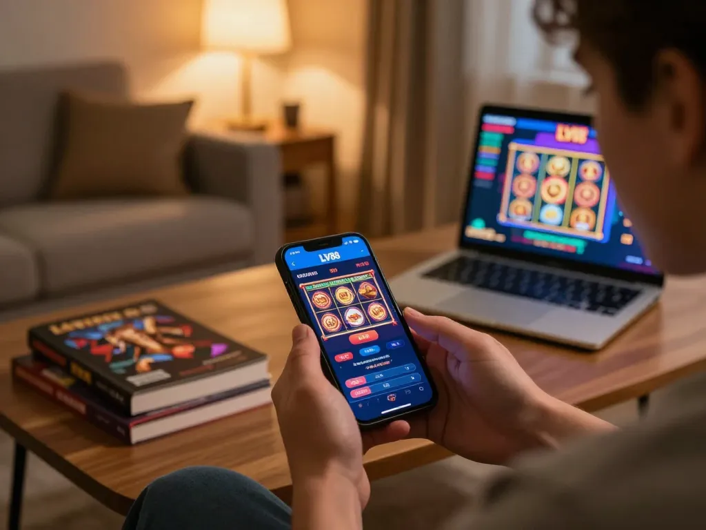 Player enjoying the LV88 casino app on smartphone in a cozy home setting.