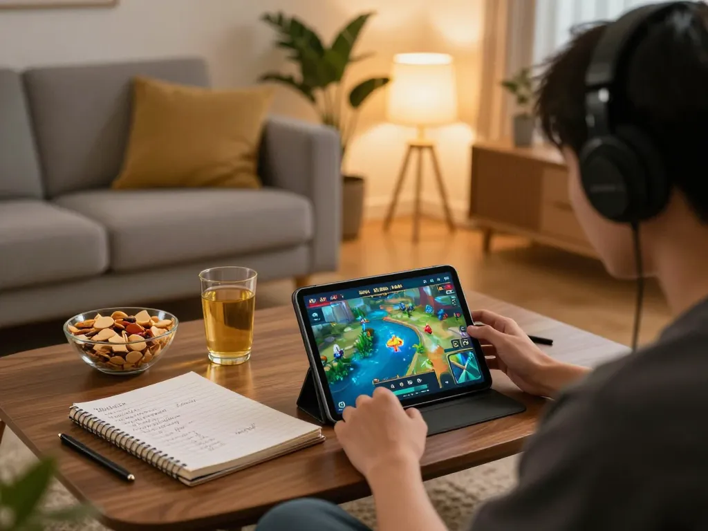 Engaging in a game bắn cá đổi thưởng on a tablet in a cozy living room setting.