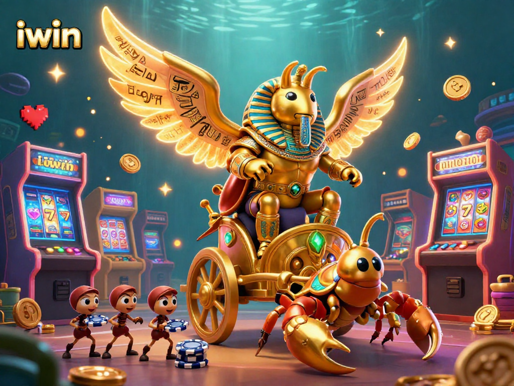 iwin slots illustration featuring a golden scarab beetle, scorpions, and poker chip soldiers amid colorful casino elements.