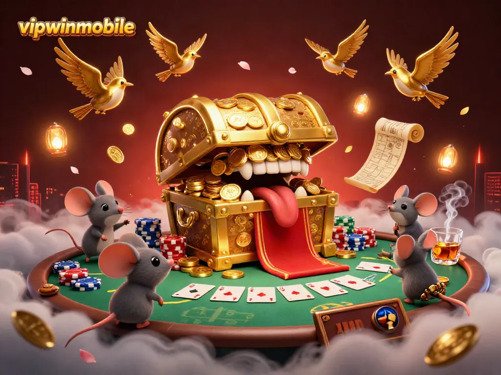 Engage with vipwinmobile's thrilling 3D casino scene featuring treasure chests, poker chips, and vibrant game elements.