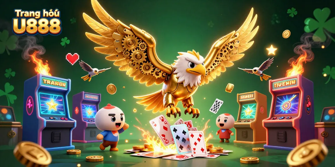 Engage with Trang chủ U888's vibrant gambling scene featuring a mechanical golden eagle amidst holographic cards.