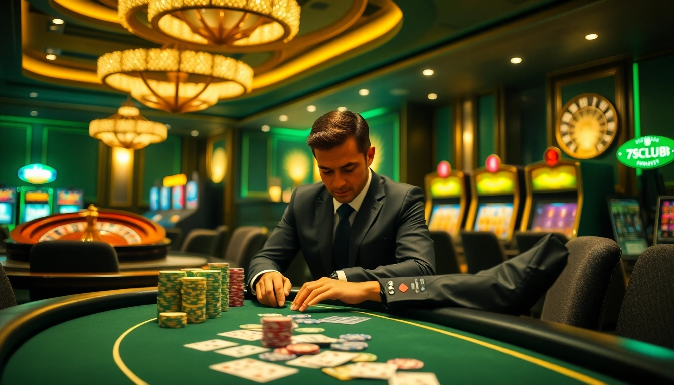 Gambling at the luxurious 789club casino with poker chips and vibrant slot machines.