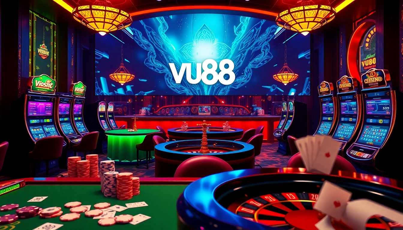 Experience top-tier gaming action at VU88 com with luxury casino tables and vibrant slot machines.
