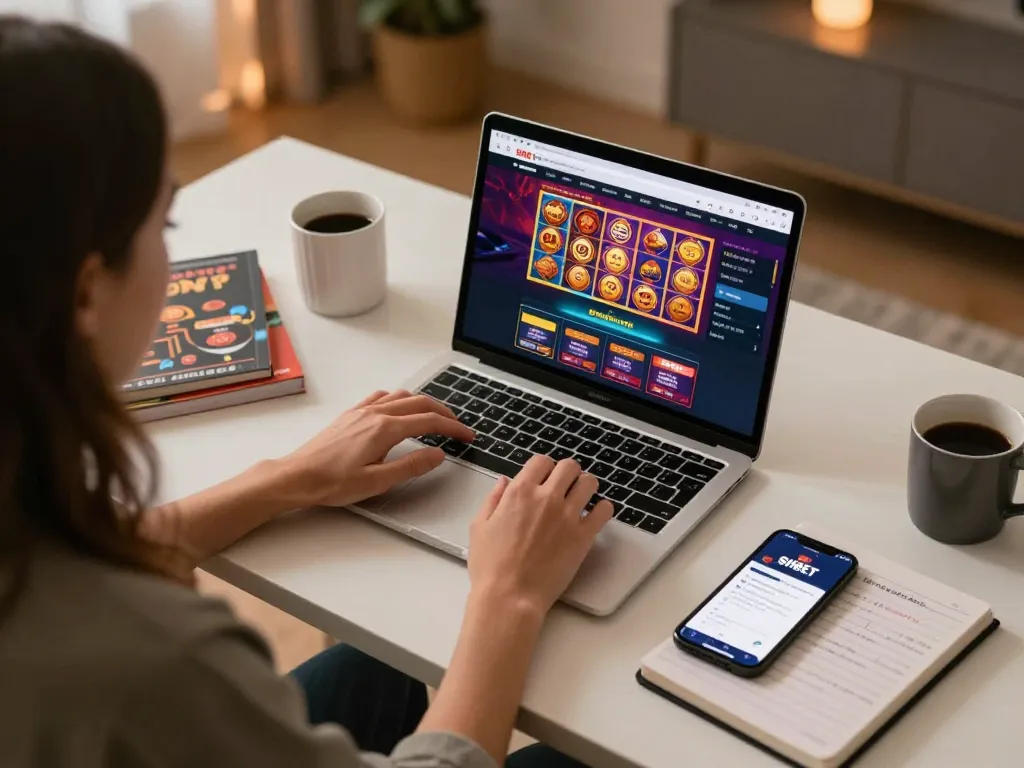 Player engaging with SHBET online casino platform at home, showcasing vibrant game graphics and strategic notes.