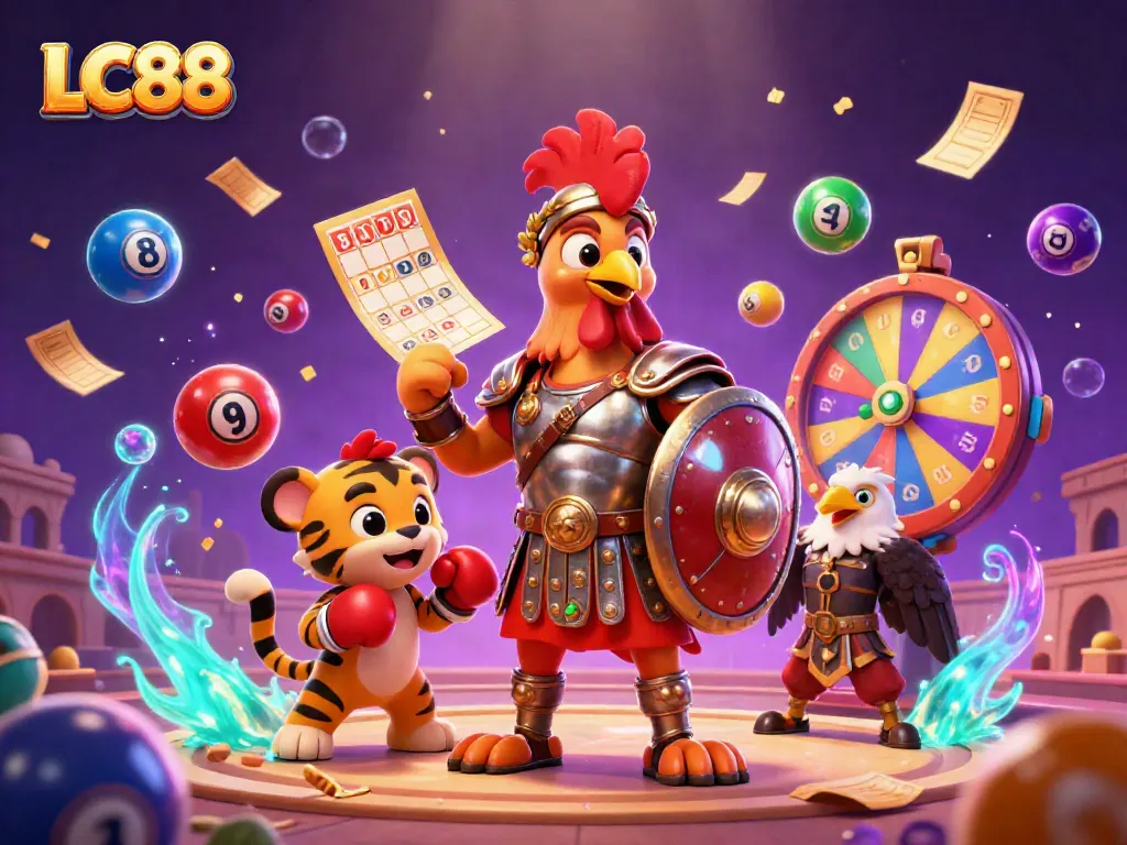 LC88 gaming scene featuring a gladiator rooster, tiger cub, and eagle in a vibrant casino arena.